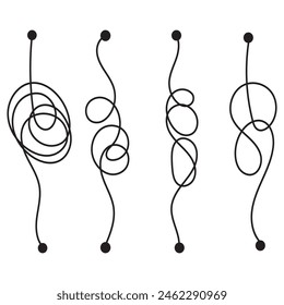 Complex and easy simple way from start to end, path from point A to B with black thread. Chaos mind brain, problem solving and business solution searching challenge concept. vector illustration. EPS10