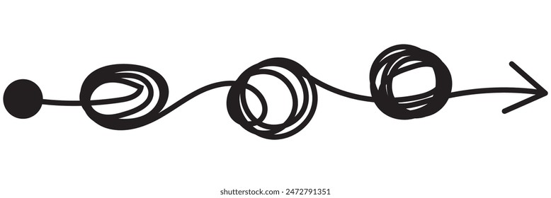 Complex and easy simple way from start to end, path from point A to B with black thread. Chaos mind brain, problem solving and business solution searching challenge concept. Hand drawn vector doodle