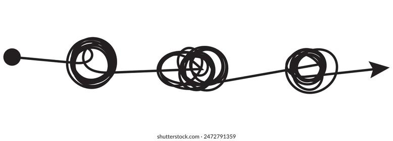 Complex and easy simple way from start to end, path from point A to B with black thread. Chaos mind brain, problem solving and business solution searching challenge concept. Hand drawn vector doodle