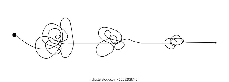 Complex and easy simple way from start to end vector illustration set. Chaos simplifying, problem solving and business solution searching challenge concept. Hand drawn doodle scribble chaos path lines