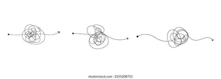 Complex and easy simple way from start to end vector illustration set. Chaos simplifying, problem solving and business solution searching challenge concept. Hand drawn doodle scribble chaos path lines