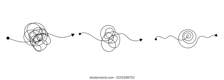 Complex and easy simple way from start to end vector illustration set. Chaos simplifying, problem solving and business solution searching challenge concept. Hand drawn doodle scribble chaos path lines