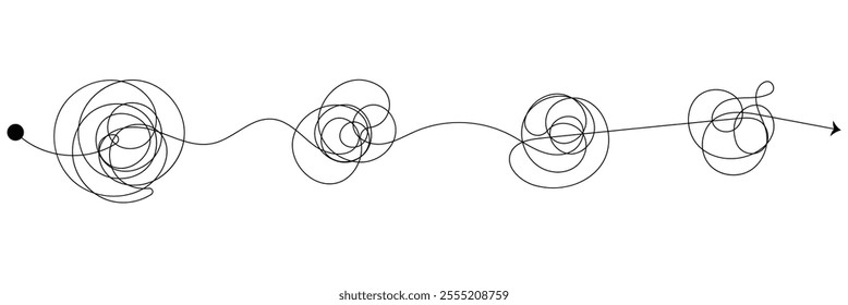 Complex and easy simple way from start to end vector illustration set. Chaos simplifying, problem solving and business solution searching challenge concept. Hand drawn doodle scribble chaos path lines