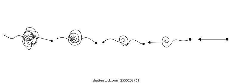 Complex and easy simple way from start to end vector illustration set. Chaos simplifying, problem solving and business solution searching challenge concept. Hand drawn doodle scribble chaos path lines
