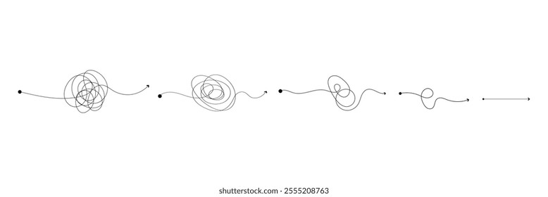 Complex and easy simple way from start to end vector illustration set. Chaos simplifying, problem solving and business solution searching challenge concept. Hand drawn doodle scribble chaos path lines