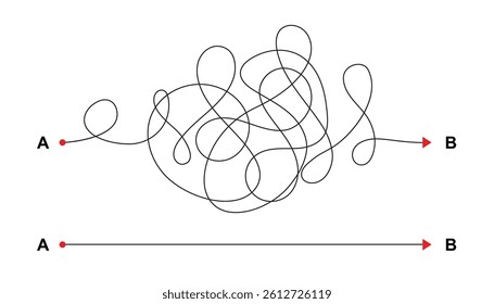 Complex and easy way from point A to B. hand drawn doodle scribble chaos path lines. kids tracing paths