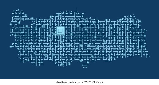 Complex electronic circuit board forming Turkey map with glowing cpu, symbolizing technology, innovation and industry