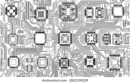 Complex electronic circuit board texture featuring multiple microprocessors and integrated chips black and white microprocessor motherboard microchip electronics technology processor hardware