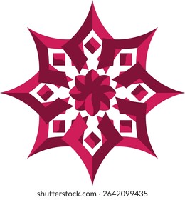 A complex and elegant abstract symmetrical design featuring layers of magenta and red geometric petal-like shapes forming an intricate floral star pattern