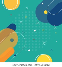 Complex and energetic abstract background combining teal, blue, and yellow organic and geometric shapes with dotted patterns. Great for high-impact graphics, tech, or modern art