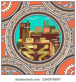 A complex of factory buildings in a stylized industrial frame. The image of the plant in a round frame in the steampunk style. Icon, emblem, poster. Vector illustration