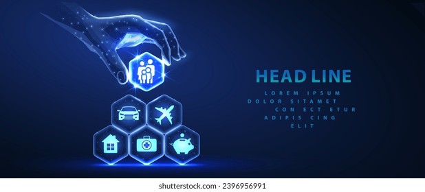 Complex family insurance plan. Hexagons with icons made pyramid and hand holding top element. Virtual assistant, Insurance plane, Artificial agent, digital technology, AI integrate, futuristic service