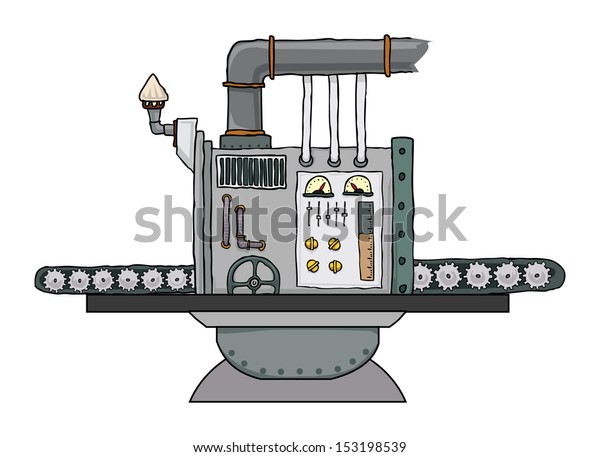 complex fantastic machine with\
gears, levers, pipes, meters, production line, Vector\
illustration