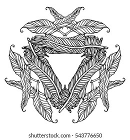 Complex feather background, page for adult colouring book, vector design element. Ornamental round doodle  isolated on white background. Digital card.