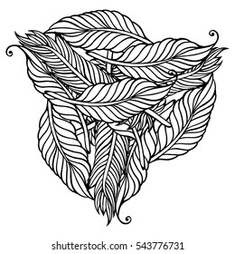 Complex feather background, page for adult colouring book, vector design element. Ornamental round doodle  isolated on white background. Digital card.