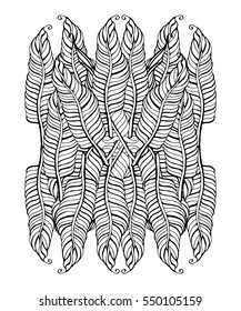 Complex feather background, page for adult colouring book, vector design element. Ornamental doodle isolated on white background. Digital card.