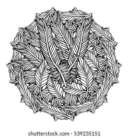 Complex feather mandala, page for adult colouring book, vector design element. Ornamental round doodle mandala isolated on white background. Digital Rosette.