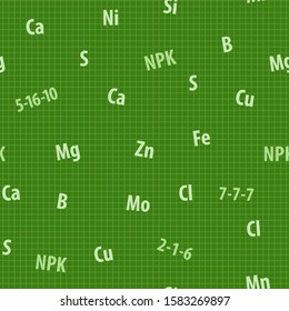 Complex fertilizer seamless pattern with green grid background and chemical elements for a plant nutrient packaging or instructions design.