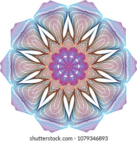 Complex floral guilloche rosette with internal spiky petals amid multi-color gradient hues