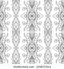 Komplexes Blumenmuster. Nahtlose Konturverzierungen in Schwarz-Weiß. Wirbelloser Hintergrund mit abstrakten Blumenelementen. Design der orientalischen Fliesen. Farbseitenvektorgrafik