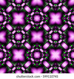 Complex fractal seamless pattern of diamonds with purple-green crystal patterns with brilliance and refraction of light