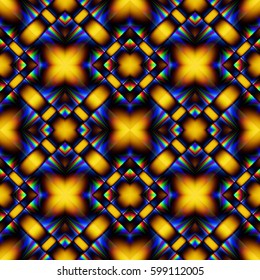 Complex fractal seamless pattern from rhombs with yellow blue chrome glitter