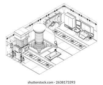 Complex, futuristic mechanical assembly with modular components. It features cylindrical and angular parts, systems, precise engineering details, suggesting advanced machinery, robotic technology. 3D