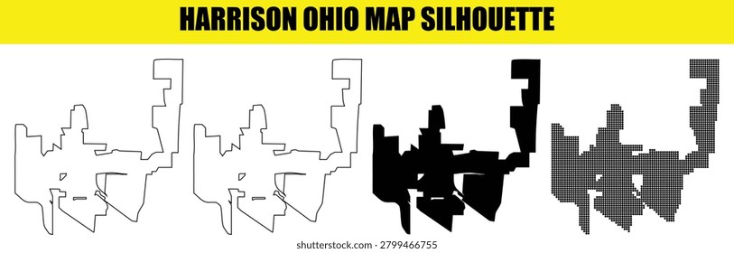 Complex geographical city limits of Harrison Ohio shown in four distinct graphic styles. Professional vector map set including solid fills and outline contours for informative mapping presentations.