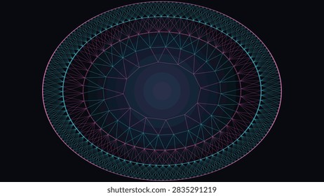 A complex geometric abstract pattern featuring concentric elliptical layers of interconnected lines and nodes against a dark background.