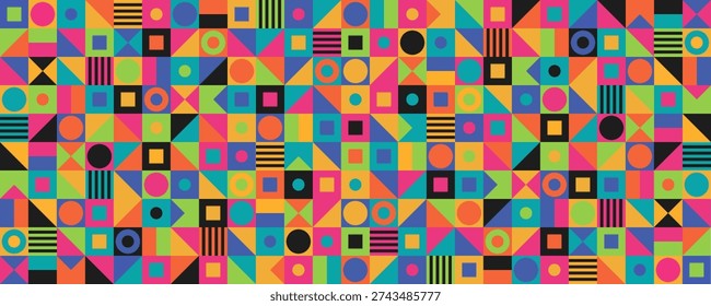 Complex geometric banner pattern in neo-constructivism style with vibrant color palette. Eps 10