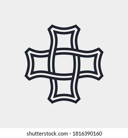 Complex Geometric Contemporary Element. Logo Design for Business Corporate Sign. Abstract Merged Figures in Shape of Cross on Gray Backdrop