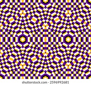 Complex geometric illusion pattern with a checkered effect in purple, yellow, and white. Great for textiles, branding, and digital art projects.