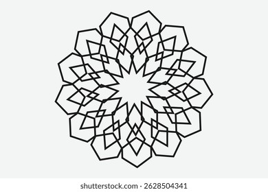 Complex geometric mandala pattern with symmetrical abstract black lines on white background