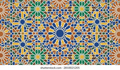 Complex geometric mosaic tile pattern in traditional arabic style with brown, blue, yellow, and green colors, rich historical design.