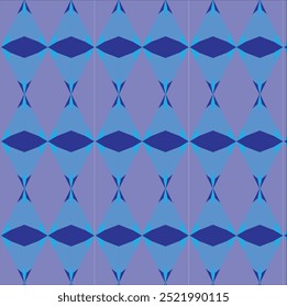 Een complex geometrisch patroon bestaande uit overlappende blauwe diamantvormen gerangschikt in een zich herhalend raster over een lavendelachtergrond. De verschillende tinten blauw in de diamantvormen creëren diepte en diepte