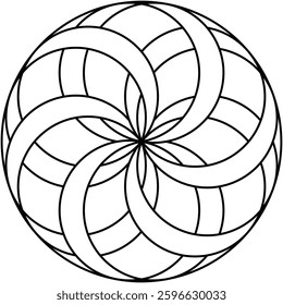Complex geometric pattern, detailed black illustration with isolated background. Arcs and curved bands weave together within  circular frame, creating sense of movement and depth. 