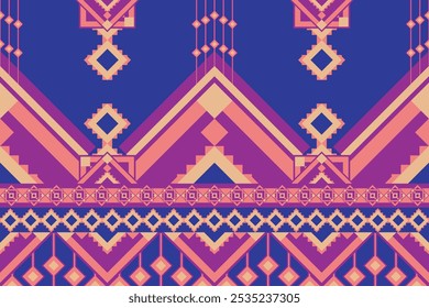 A complex geometric pattern featuring vibrant diamond motifs and tribal-inspired designs in bold pink, blue, and orange colors, arranged symmetrically