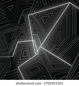 Padrão geométrico complexo de polígonos brancos brilhantes dispostos em camadas sobre um fundo abstrato escuro com linhas de contorno e profundidade.