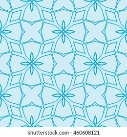 complex geometric pattern of interwoven lines and shapes. seamless texture. for interior design, wallpaper, printing and textiles. blue shades on a light blue background