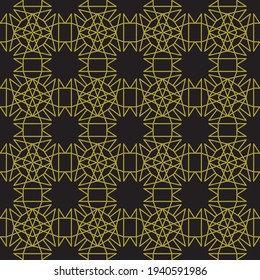 Complex geometric repeating outline pattern in straight yellow lines on a black background, vector illustration