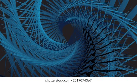 Complex geometric structure with a central hexagon, surrounded by intricate web-like patterns in blue on a dark background. Digital 3D rendering or fractal art.