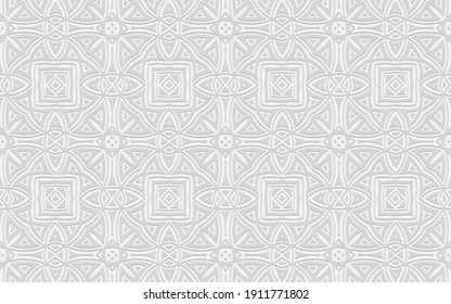 Complex geometric volumetric convex 3D pattern for wallpapers, presentations, websites. Ethnic embossed white background in the style of Africa, Mexico, Aztecs.
