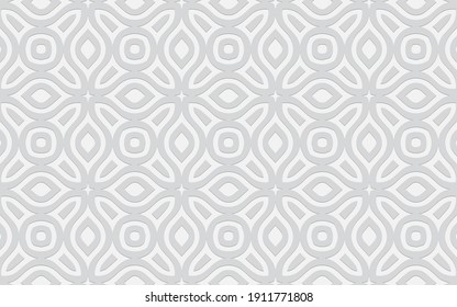 Complex geometric volumetric convex 3D pattern for wallpapers, presentations, websites. Ethnic embossed white background in traditional oriental style.