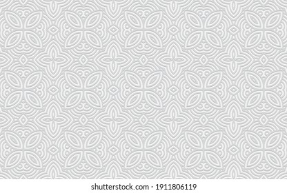 Complex geometric volumetric convex 3D pattern for wallpaper, presentations. Ethnic openwork embossed white background in oriental doodling style.