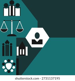 A complex graphic combining a courtroom scale icon with architectural elements and abstract geometric shapes in a dark teal and white palette.