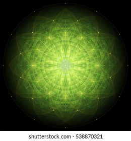 complex green geometric mandala on black background, sacred geometry, flower of life and atom, vector