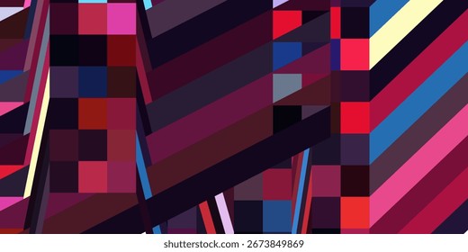 Una compleja cuadrícula de líneas y cuadrados con tonos urbanos, formando una vibrante composición digital similar a la textil.