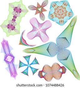 Complex guilloche art forms with stars, pinwheels, and abstract shapes with moire design.