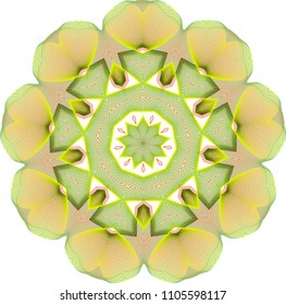 Complex guilloche floral rosette with fluted petals edged with fluorescent lime green and geometric edges in dark green with bright red highlights.