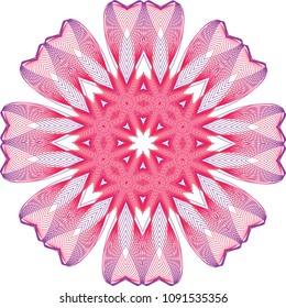 Complex guilloche ribbon star rosette with wraparound strands of purple and pinkish red hues.